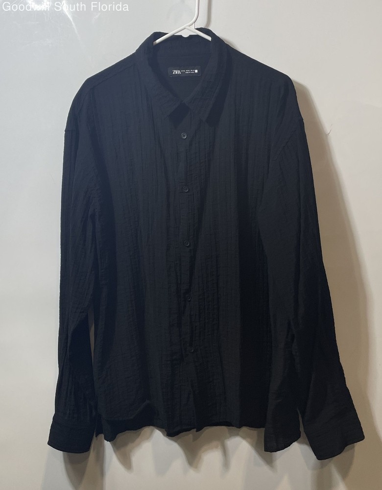 Zara Mens Black Long Sleeve Collared Button-Up Shirt Size XL