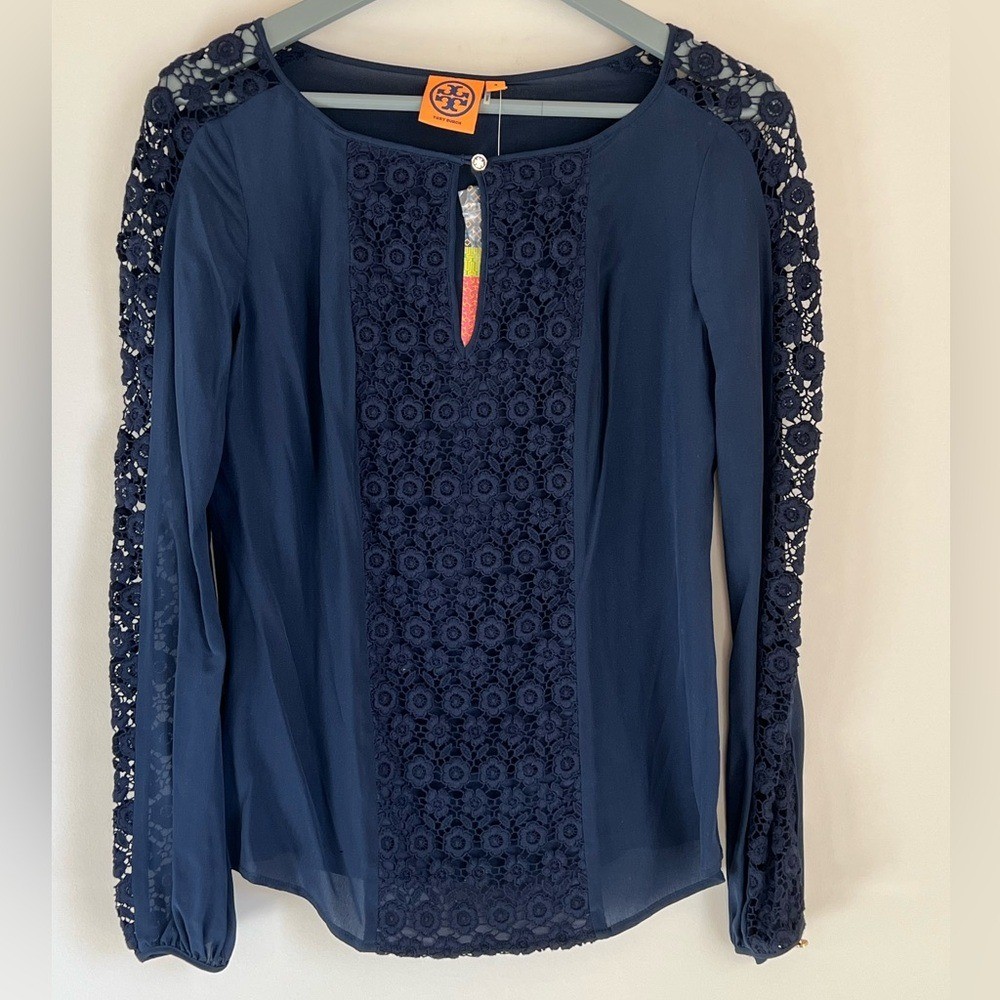 New Tory Burch Silk Long Sleeve Blouse $295 Navy Blue Womens Size 4