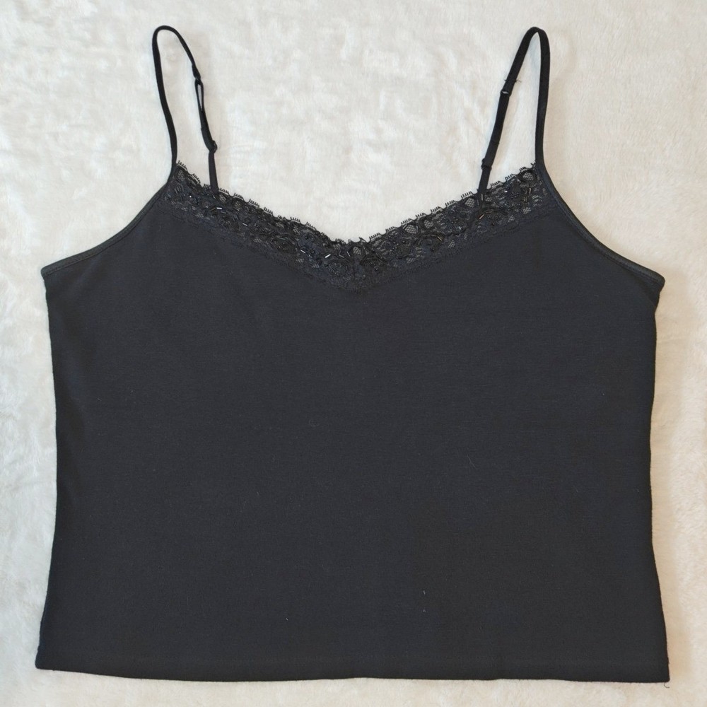 Fashion Bug Tank Top Camisole Lace Beaded Trim Spaghetti Black XL Built In Bra
