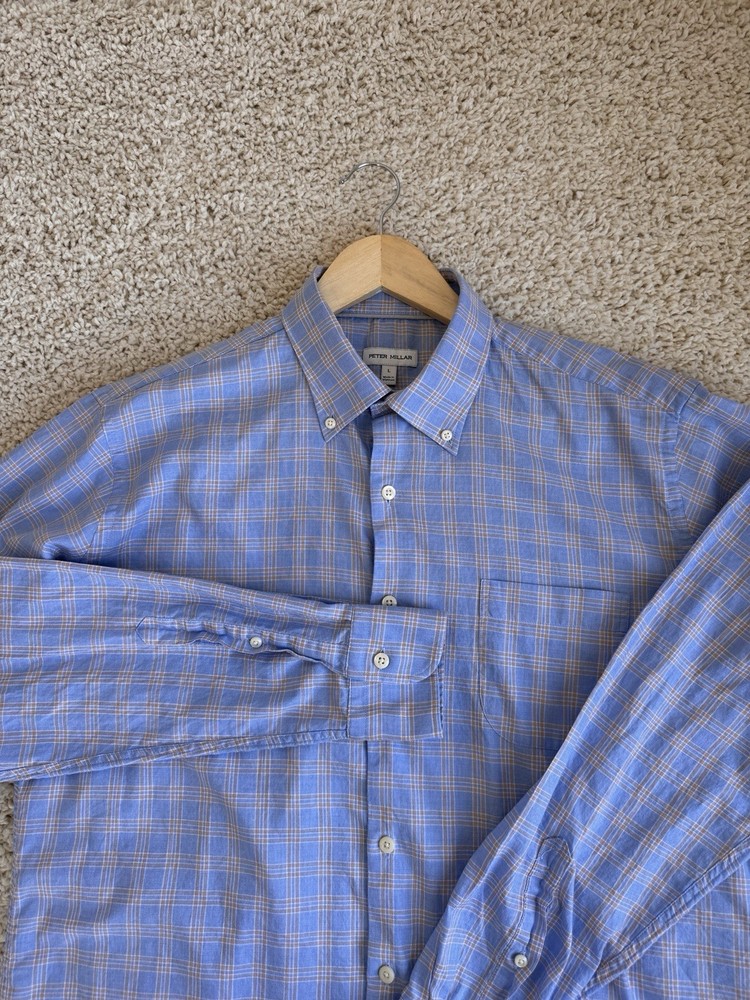 Peter Millar Men’s Large Blue Plaid Button Down Shirt Long Sleeve Cotton