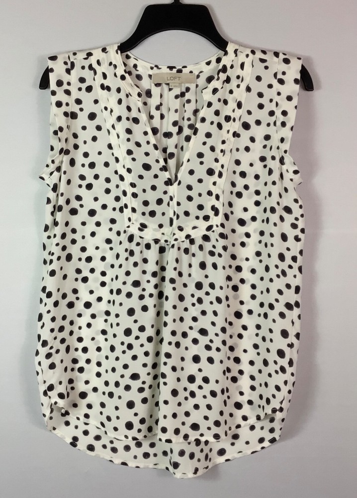 Loft Top Womens XS White Black Dot Sleeveless V-Neck Pleated Back