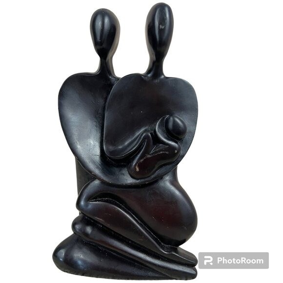 Vtg Art Deco MCM Sculpture of Family with Baby Black Abstract Soapstone Statue-image