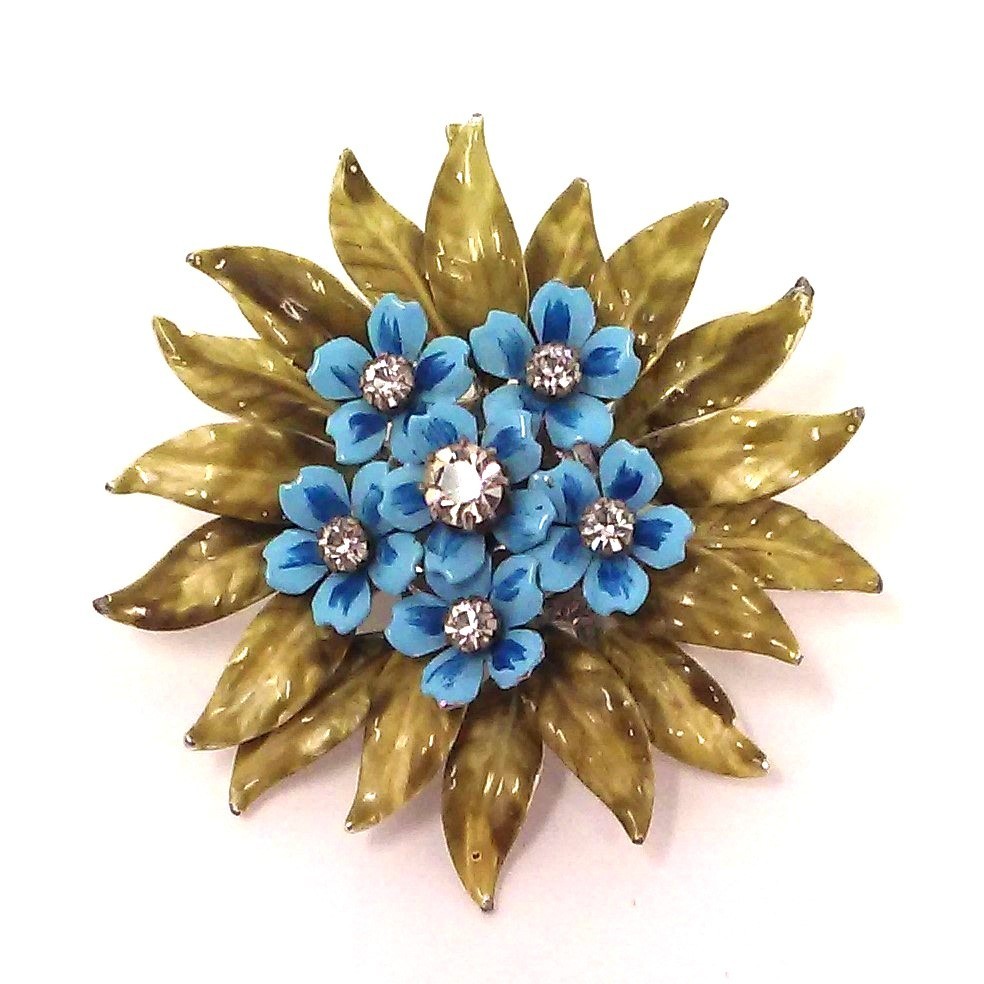 Rare Vintage Coro Blue Enamel Rhinestone Flower Layered Green Leaves Brooch Pin
