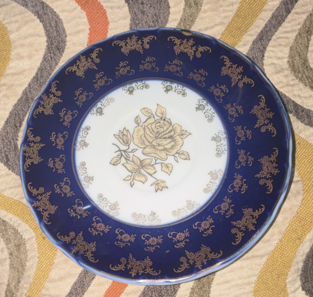 Alpine Cuisine Fine Porcelain Decorative Floral Plate, Blue White Gold Round