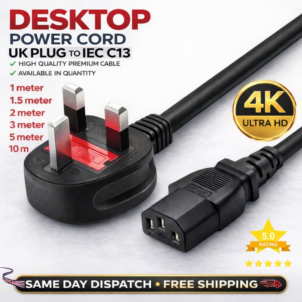 Power Cord UK Plug to IEC Cable (PC Mains Kettle Lead) C13 1m/2m/3m/5m/10m Lot