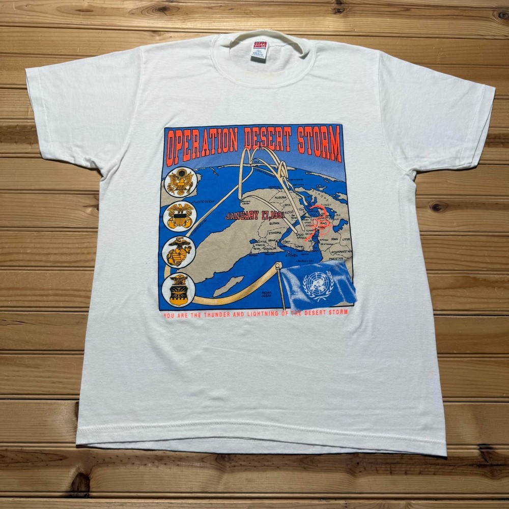 Vintage 90s Operation Desert Storm War Map Military Graphic T-Shirt USA - Large
