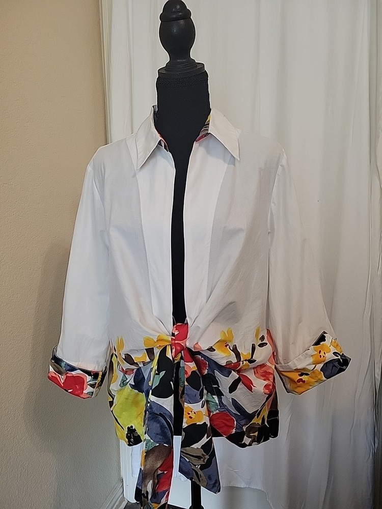 Vintage Boho Cottage Bright Floral Tie Waist Blouse Women's Size L