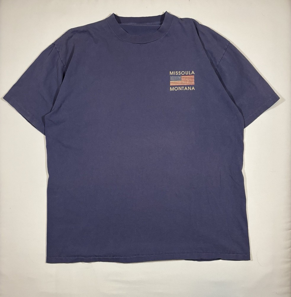 Vintage 90s Single Stitch Montana USA Flag Graphic Print Men's XL Blue T-Shirt