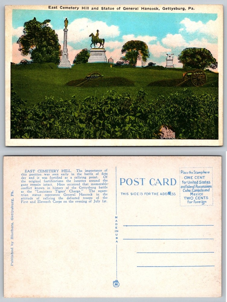 East Cemetery Hill General Hancock Statue Gettysburg PA Civil War Postcard
