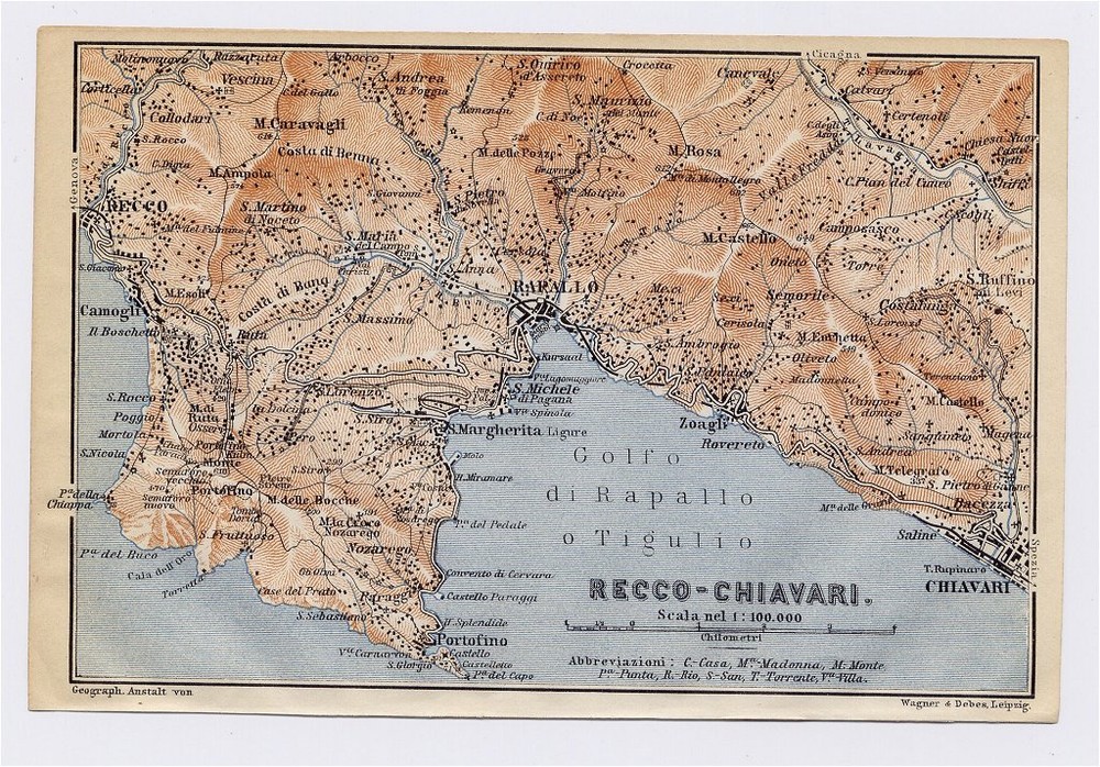 1913 Original Antique Map Of Vicinity Of Rapallo Recco Chiavari Liguria / Italy