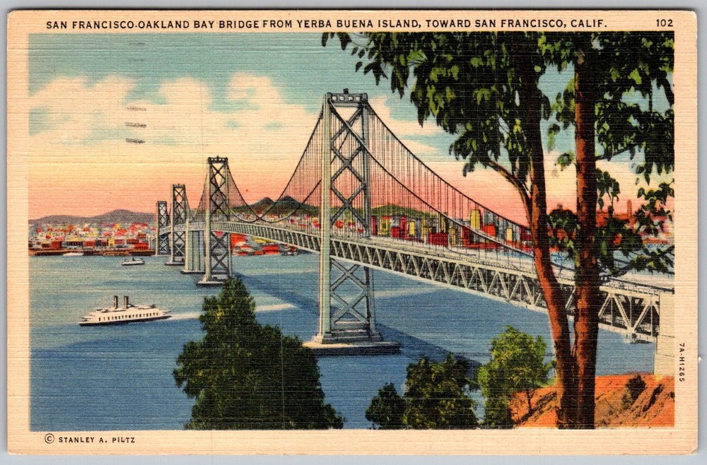 Vtg Postcard Bay Bridge Suspension Span San Francisco, CA 1940s