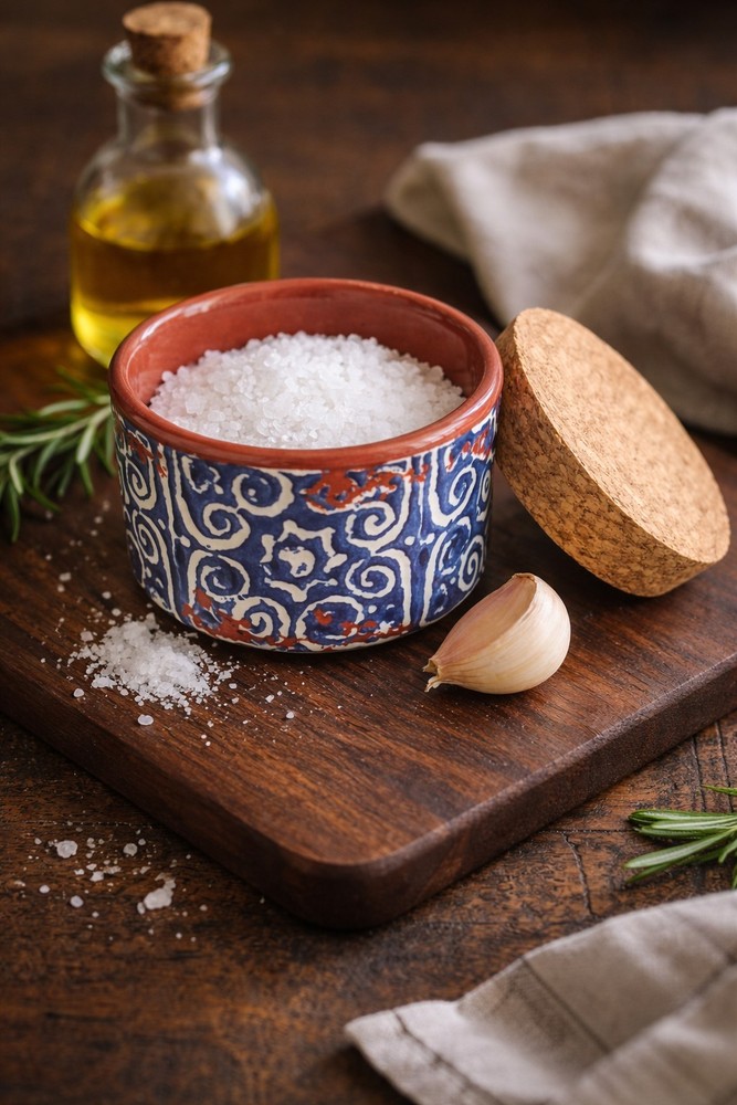 Mud Pie Portugal Terracotta Salt Cellar/ Trinket Jar - Blue & White w/Cork Lid