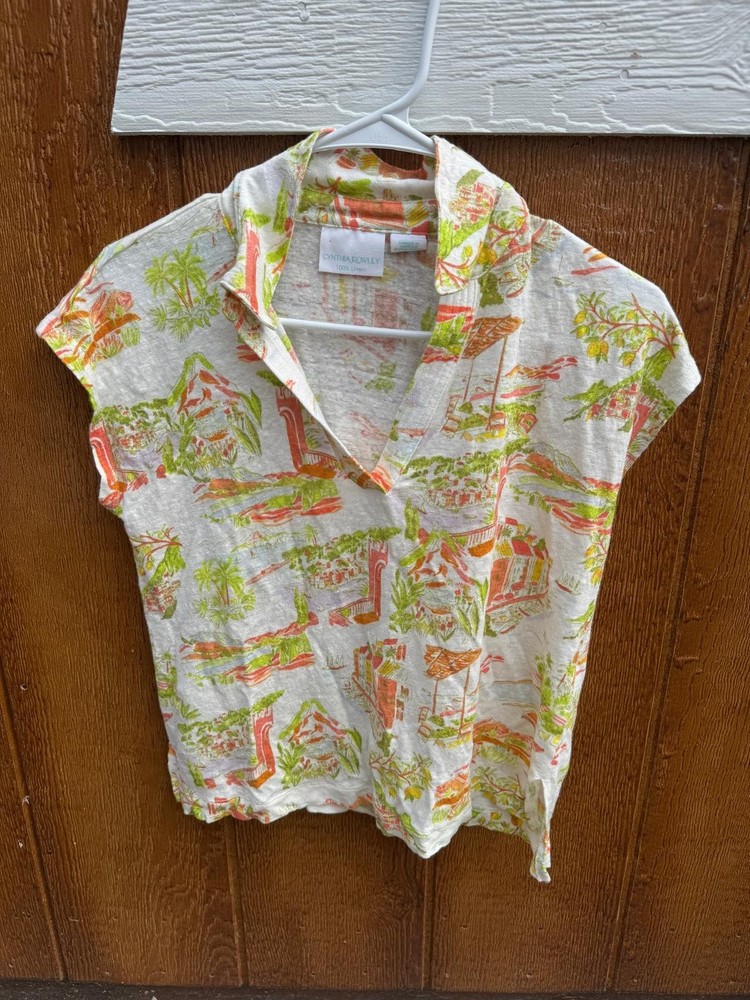 Cynthia Rowley 100% Linen Top | Italian Countryside Summer motifs | Medium