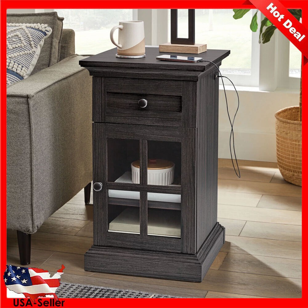 Adjustable Shelf End Table with Tempered Glass Door in Tobacco Oak Finish