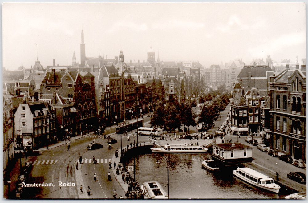 Netherlands Amsterdam Rokin Canal Bridge Boats Buildings Trams 1950s RPPC