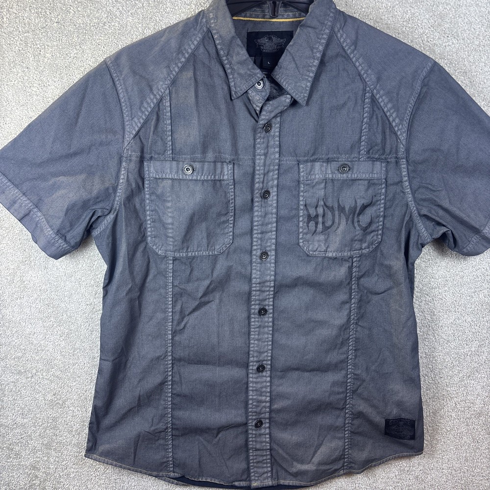 Harley-Davidson Button Up Shirt Mens Large Gray HDMC Graphic Short Sleeve Cotton