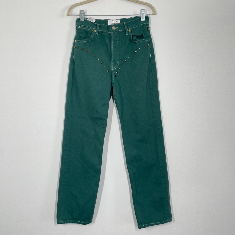 Reformation Jade Green High Rise Studded Cowboy Jeans Women 26 Straight Fit