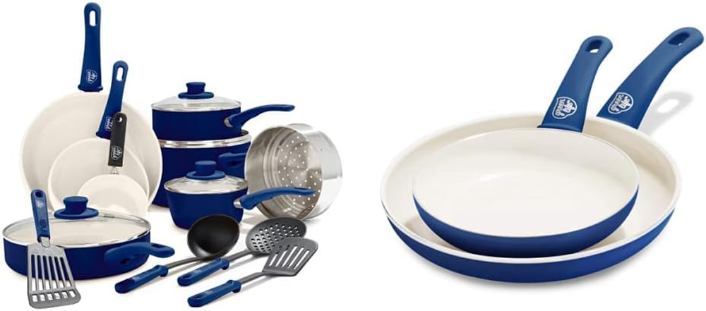 Soft Grip Healthy Ceramic Nonstick 16-Piece Cookware Set in Blue