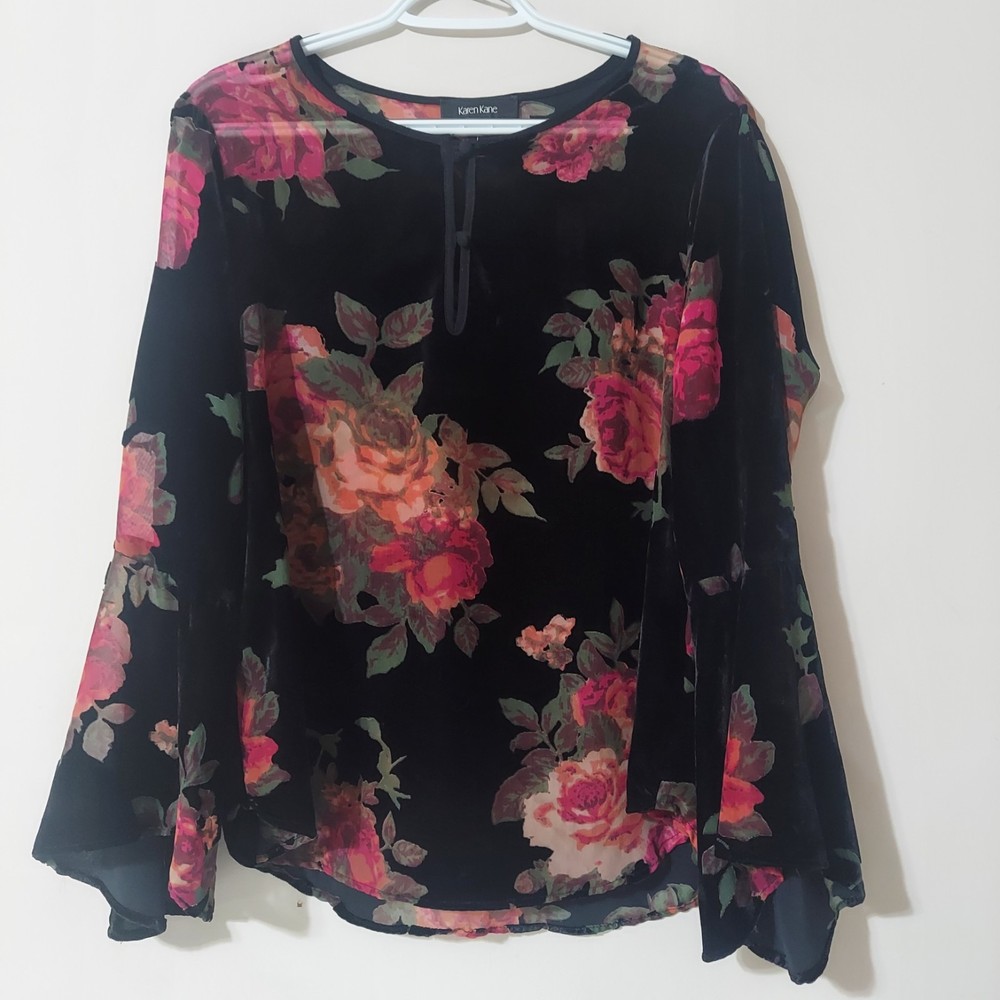 Karen Kane Women's Floral Velvet Burnout Top Size Medium Made In USA