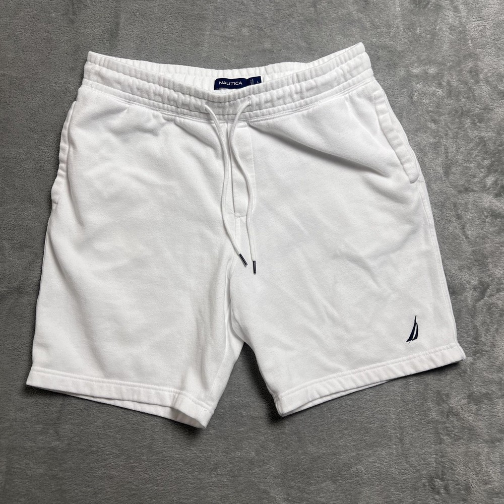 Nautica Sweat Shorts Mens Large White Fleece Elastic Waist Drawstring Logo