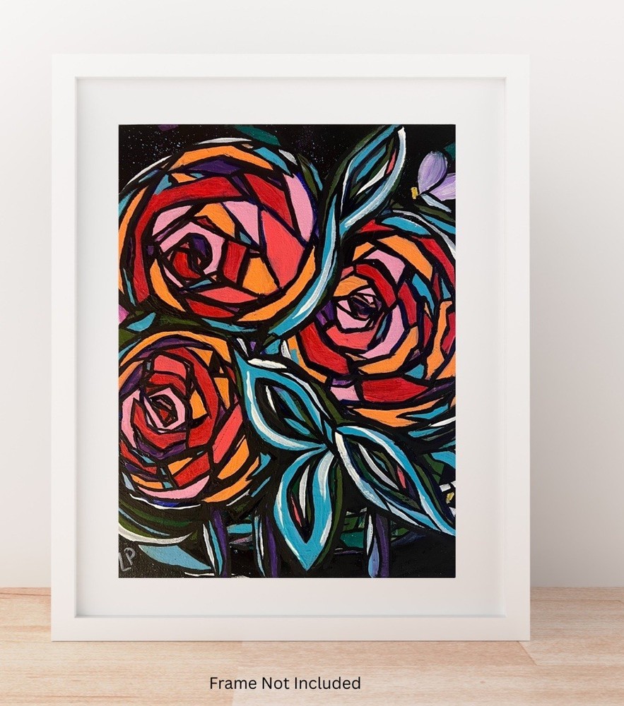 Original 8x10” Abstract Cubist Multicolor Rose Floral Acrylic Canvas Panel VLP