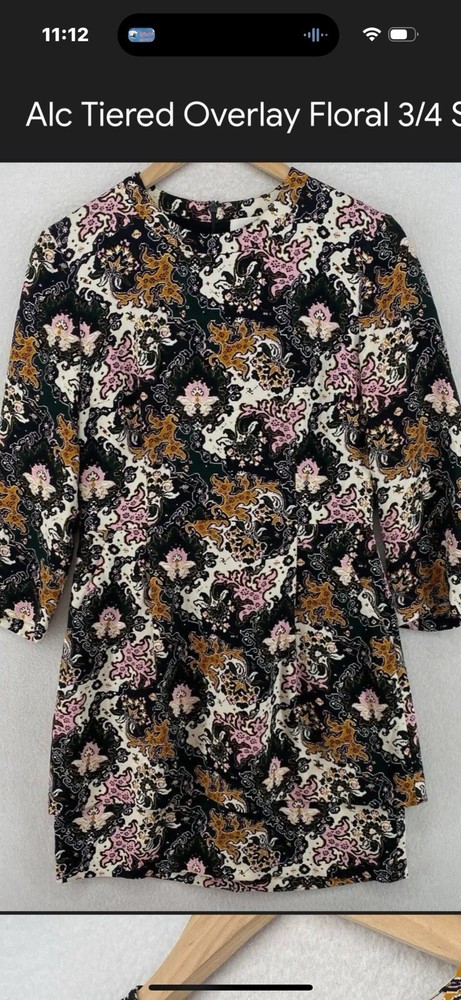 ALC Dress 8 Silk Tiered Overlay Floral 3/4 Sleeve Back Zip Pockets Black Pink