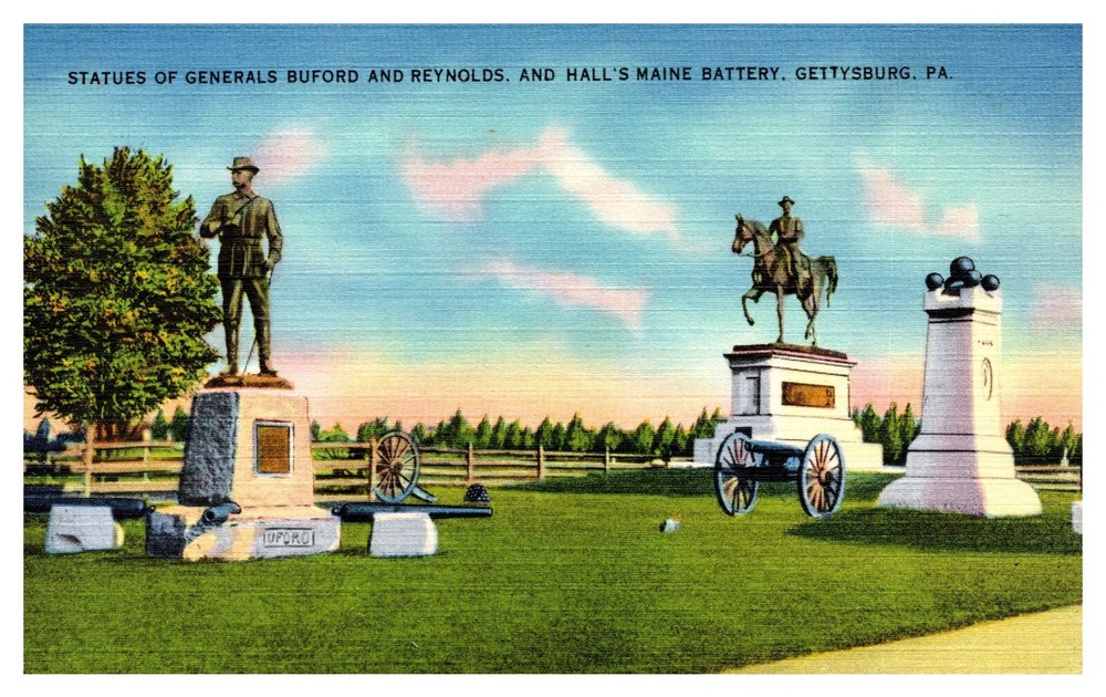 Gettysburg PA Statues Generals Buford & Reynolds & Hall's Maine Battery Postcard