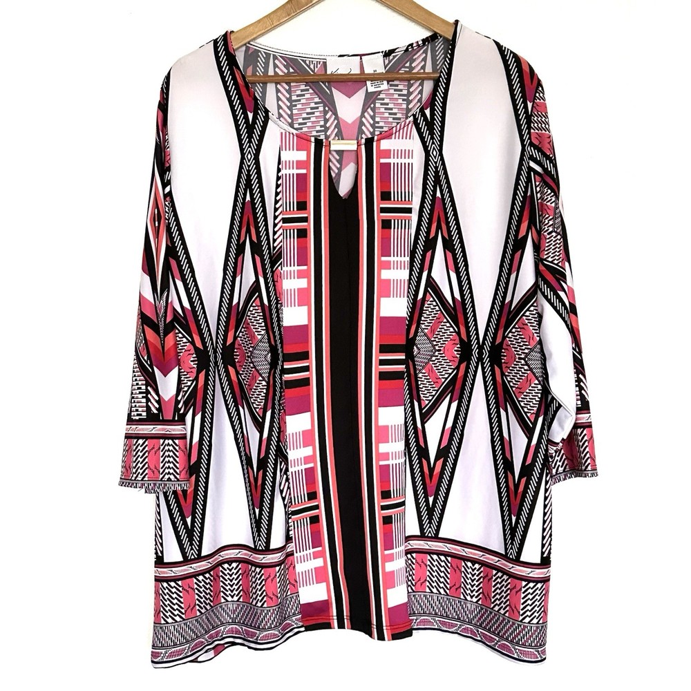 Kim Rogers Plus Shirt Women’s 3X Geometric Boho 3/4 Sleeve Pullover Blouse Top