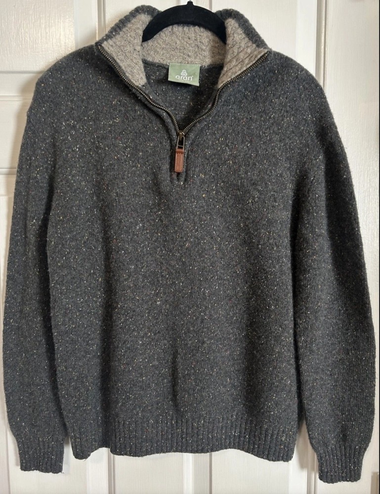 Aran Woollen Mills Gray Speckled Lambs Wool Sweater Size S 1/4 Zip Ireland