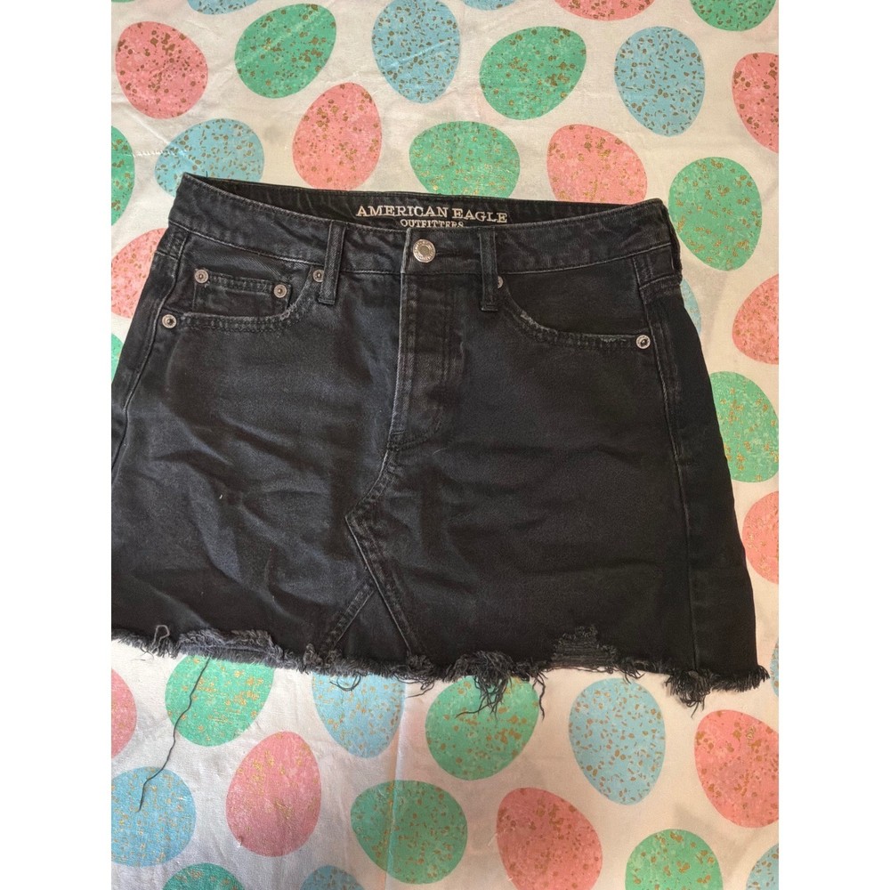 American Eagle Outfitters Black Denim Mini Skirt Raw Hem Distressed Womens 4