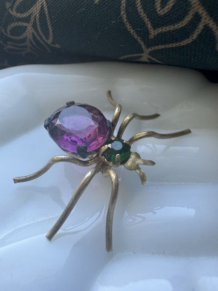 Art Deco Style Glass Insect Bug Brooch Pin Brass Tone Vintage Estate Jewelry