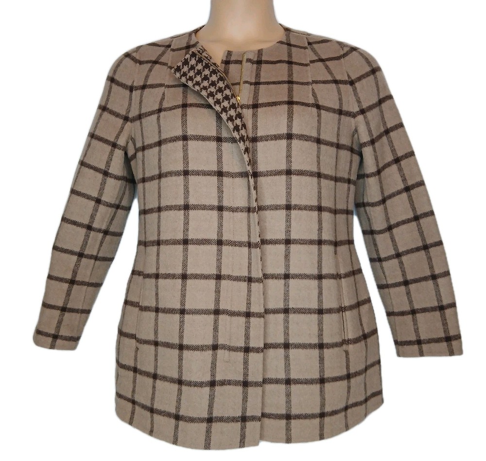 Talbots Women's Plaid Houndstooth Coat Brown Tan Size Medium Petite Wool Blend
