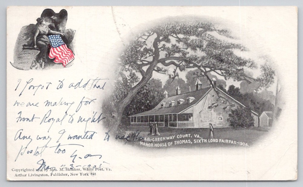 1905 Greenway Court VA Manor House Lord Fairfax Antique Postcard Posted