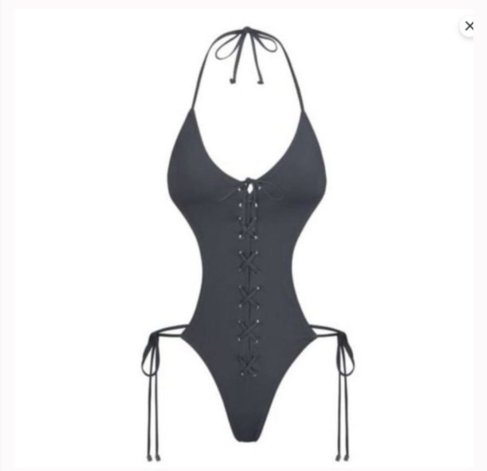 SKIMS Lace Up Monokini Swimwear in Gunmetal