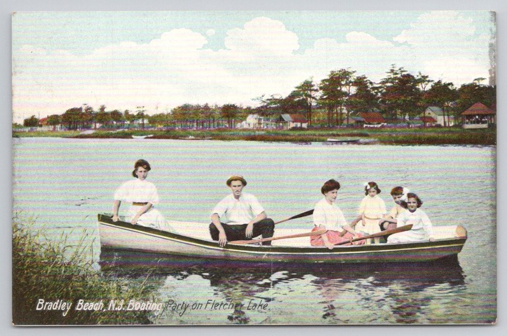 Bradley Beach NJ Boating Party Fletcher Lake Postcard c1910 Union News Co.