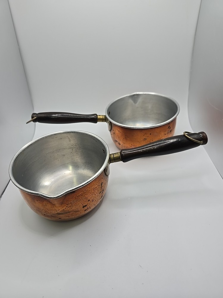 2 Vintage Copper Sauce Pans Tinned Wood Handle Spout 4.5