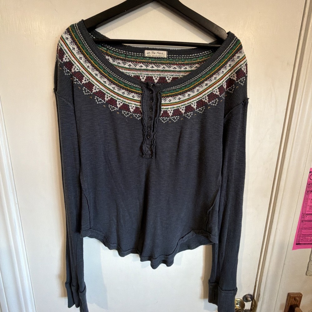 We The Free People Boho Thermal Henley Top Women’s Gray Medium Nordic Fair