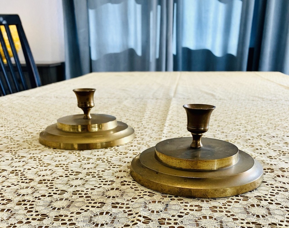 Vintage Solid Brass Taper Candle Holders Pair Mid Century Modern
