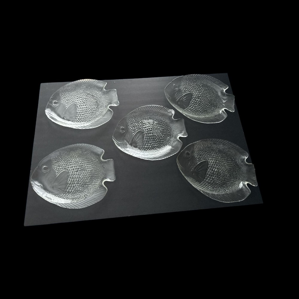 Set of 5 Vintage Arcoroc France Clear Glass Fish Plates Poisson 11