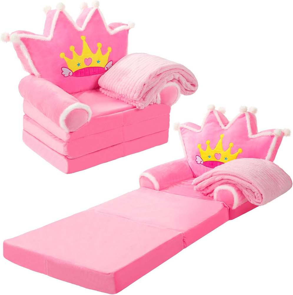 Toddler Couch 2 in 1 Soft Princess Kids Fold Out Couch with Flannel Blanket Comf
