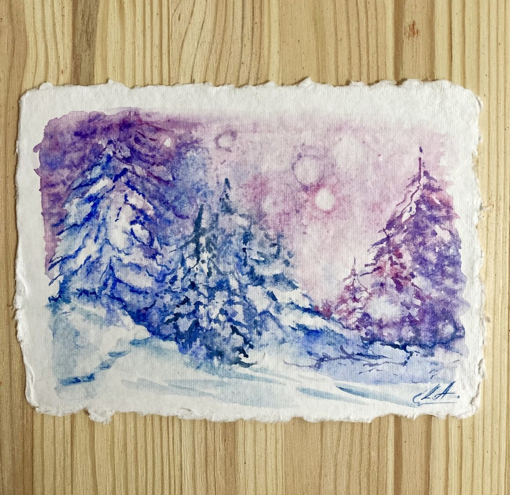 Winter Snow Watercolor Original Painting on Vintage ACEO Handmade Paper