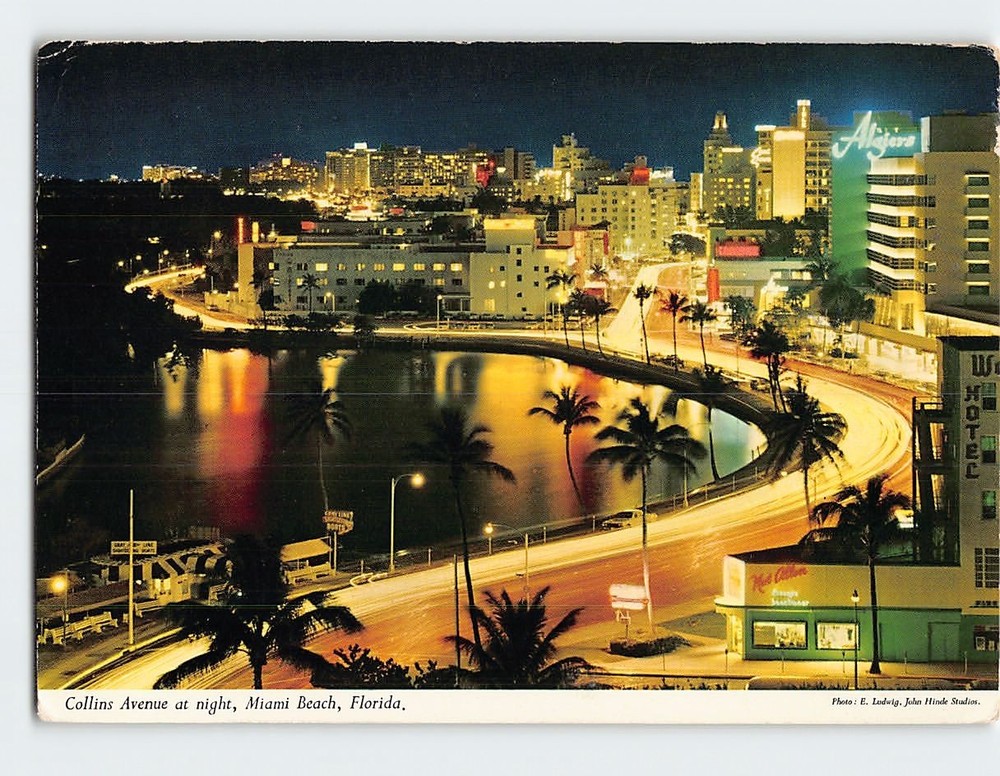 Postcard Collins Avenue at night Miami Beach Florida USA