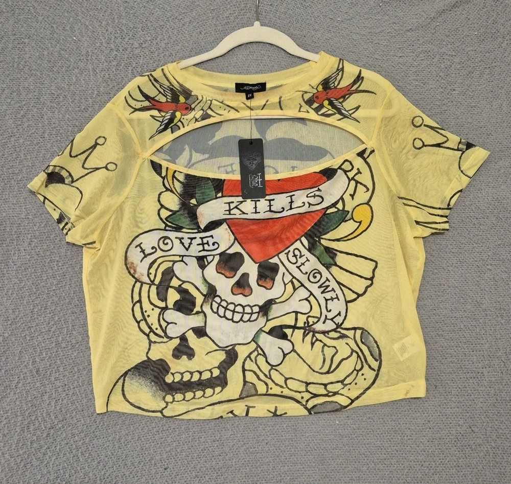 Nwt Ed Hardy Women's Sheer Yellow Short Sleeve Crop Top XL