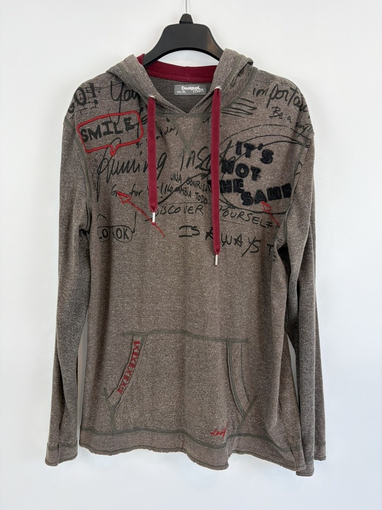 Desigual Mens XL Hoodie Brown Abstract Graphic Cotton Pullover-image