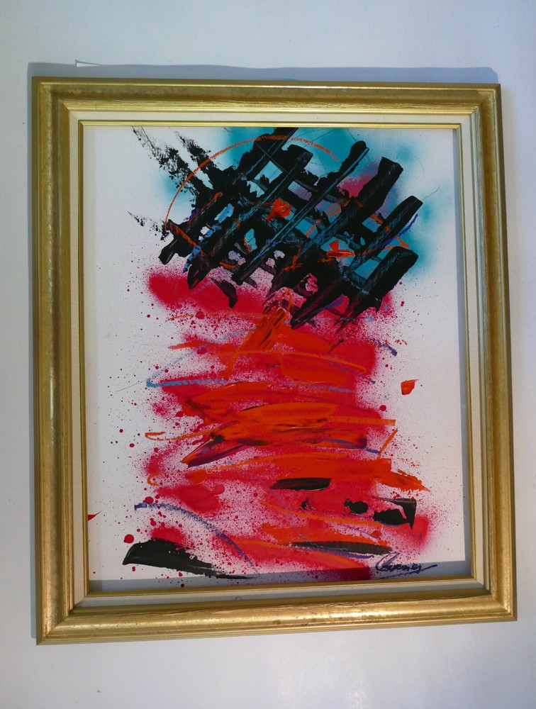 Modern art abstract acrylic painted gallery finish with frame gold ready to hang-image