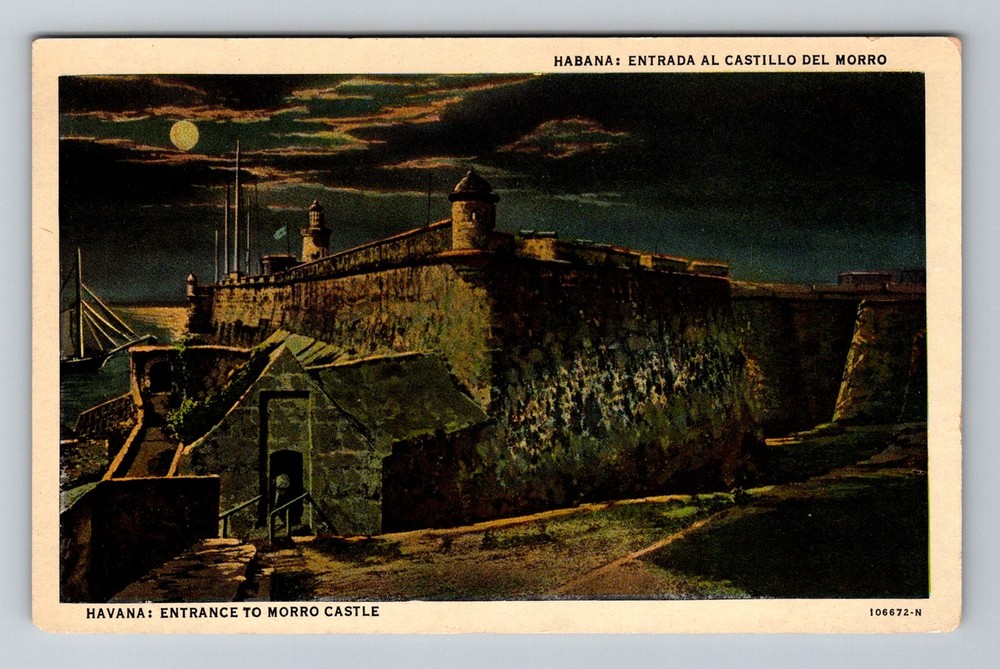 Cuba- Havana Morro Castle Fortress At Night Built 1587 Old PC Vintage Postcard