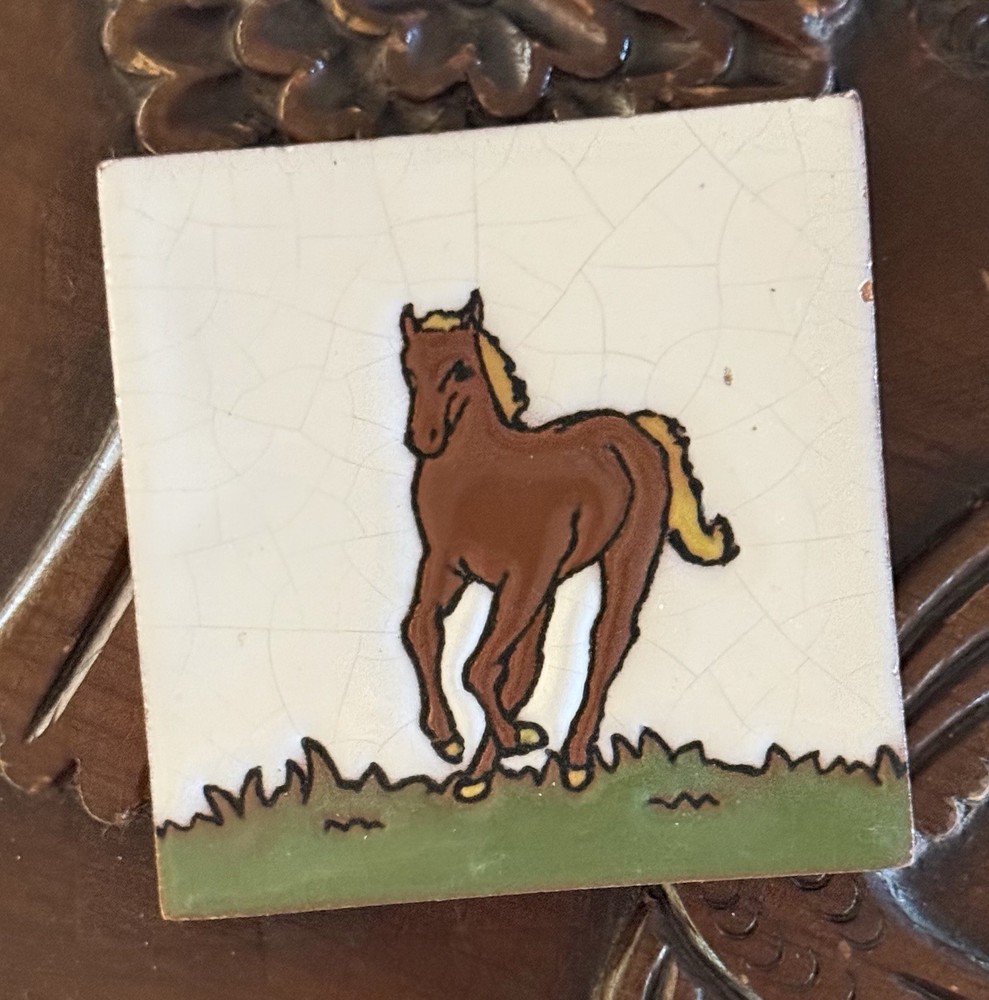Vintage Terra Cotta & Ceramic Hand-Painted Horse Tile