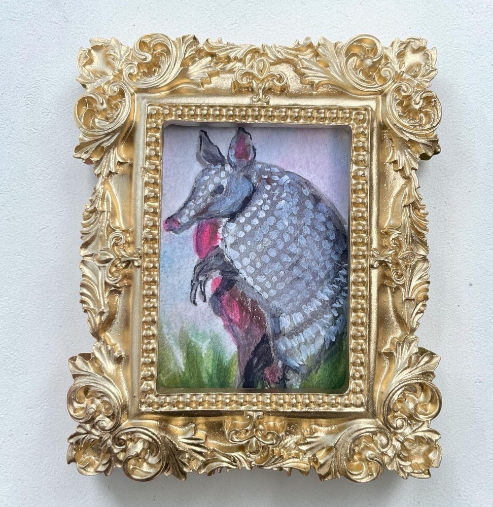 Armadillo mini watercolor print of original painting • vintage ornate frame