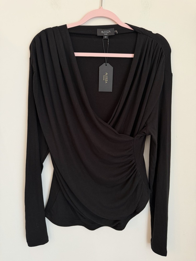 Aleeza Paris Draped Faux Wrap Top Long Sleeve Plus Sz 1X Black Ruching Modal NEW