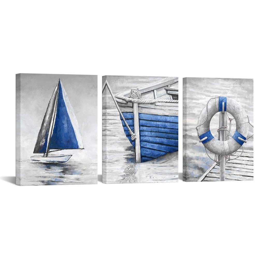 Grey Blue Bathroom Wall Art Fishing Boat Canvas Print Modern Nautical Decor